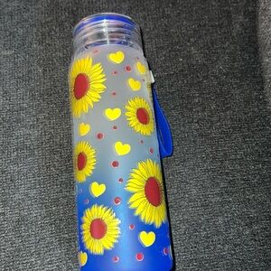 Blue &  frosted white sunflower & yellow heart themed glass thermos NWOT